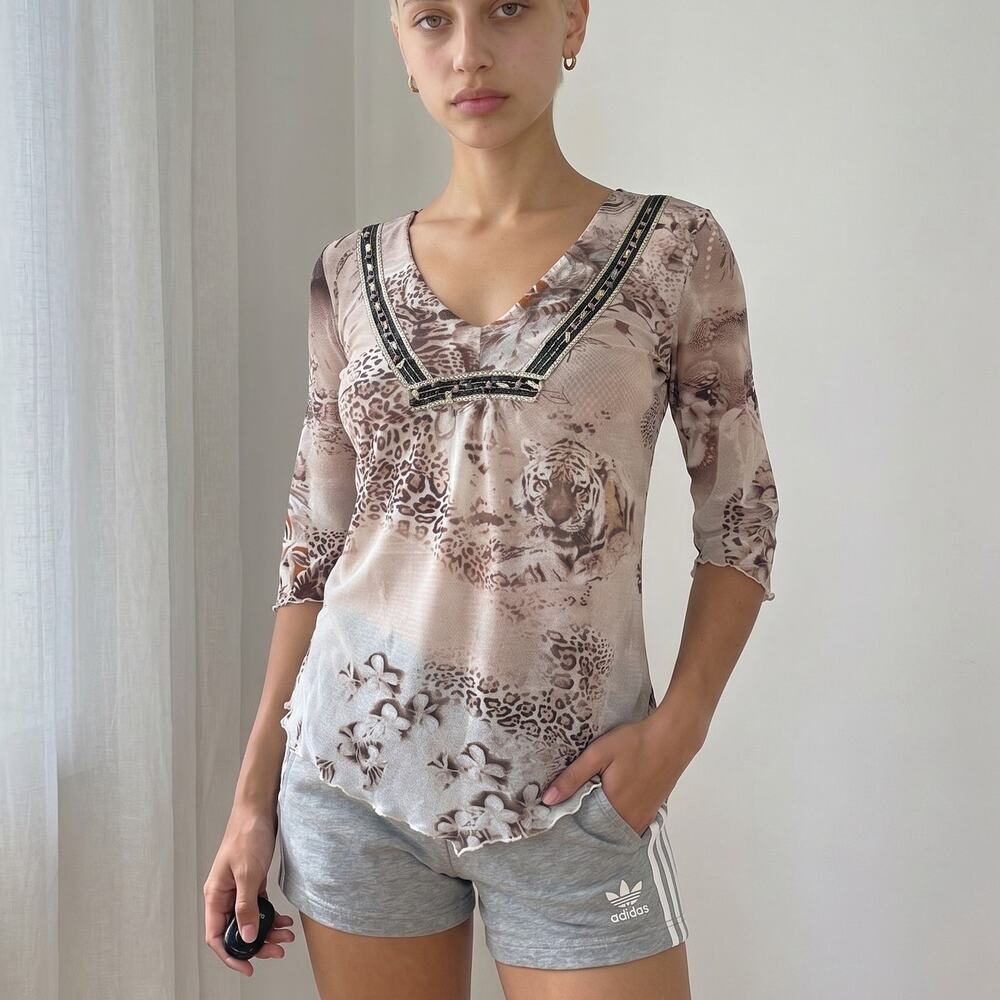 Vintage Animal Jungle Print Mesh V-Neck Top with Beaded Detail (S/M)